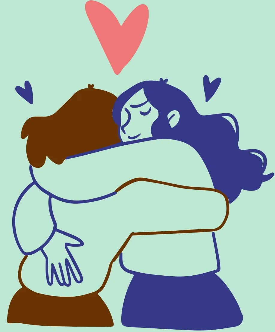 Ilustração de duas pessoas se abraçando, com um coração acima delas.